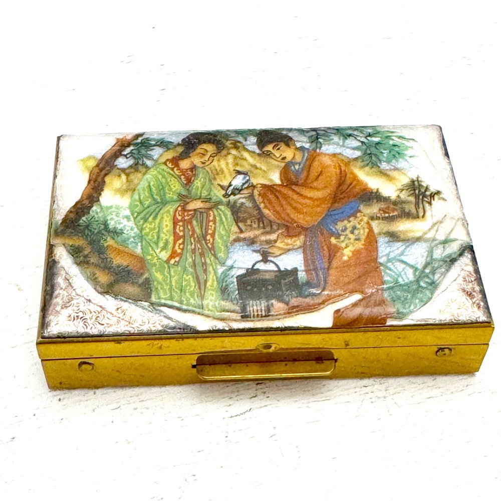 Beautiful Vintage Chinese Medicine Brass & Enamel Hinged Trinket Box